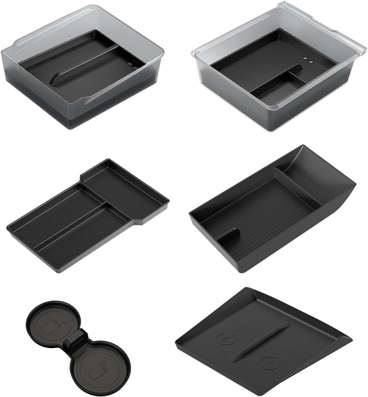 Center Console Organizer Tray for Tesla Model Y Juniper Accessories 2025 2026, [Premium PC + Soft Silicone Liner] Console Organizer & Armrest Storage Box Cup Holder Wireless Charging Mat 8 PCS