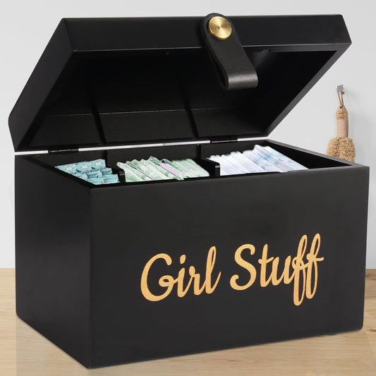 100% Solid Wood Tampon Holder Box with Lid, Copper Leather Pull, Absolute Real Wood Bathroom Decorative Box for Feminine Product Storage and Accessories such as Tampons, Cotton Balls, Gifts for Women