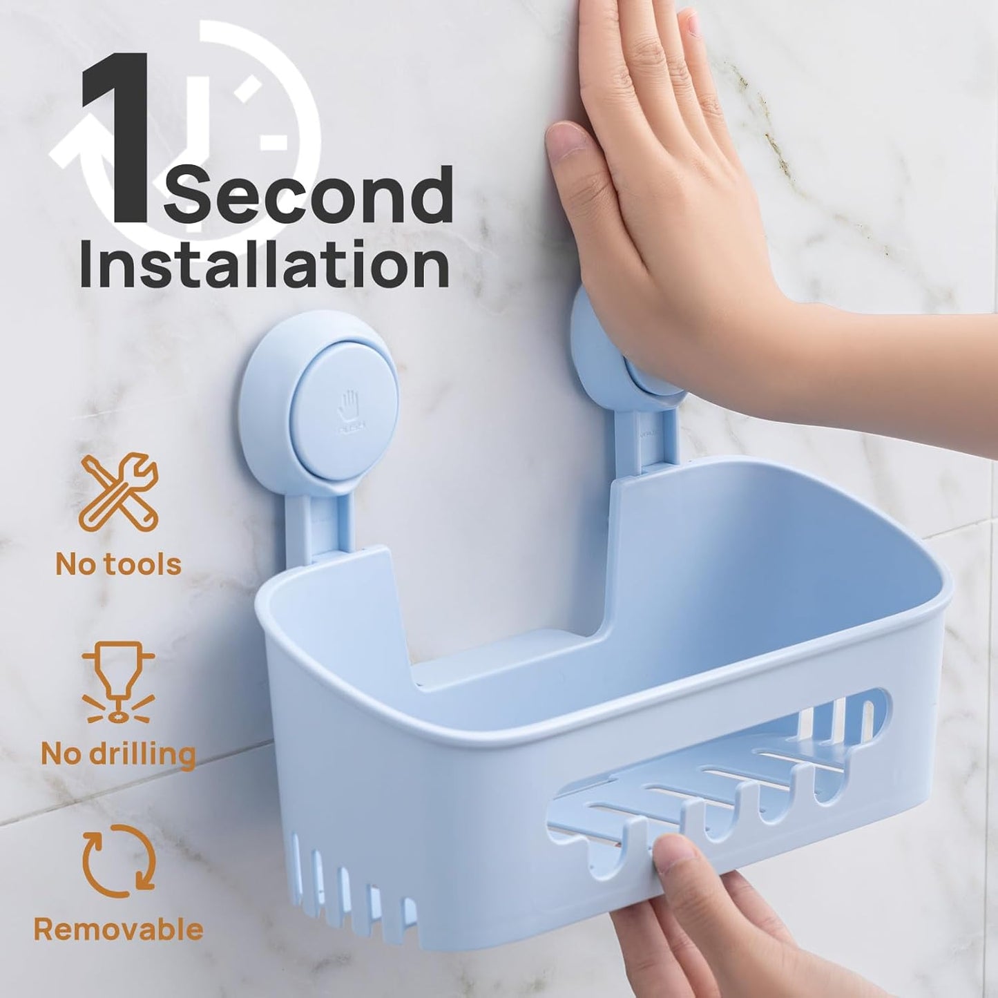 LEVERLOC Shower Caddy Suction Cup 2 Pack, Shower Organizer Removable Bathroom Shelf, Storage Suction Powerful Max Hold 22lbs Bathroom Caddy Waterproof Holder, Blue