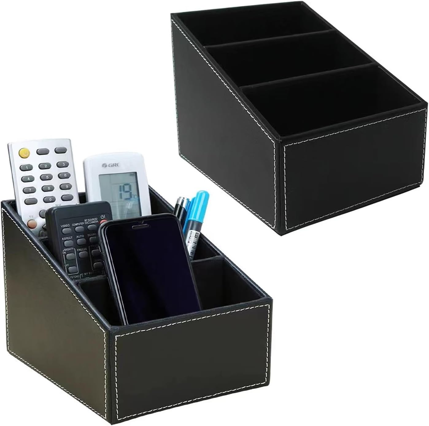 AgentMoon 2-piece Set Remote Control Holder,3-Compartment Gradient Desk Organizer,PU Leather Outside Storage Box with Suede Imitation Lining. 6.3x5.1x5.2 inches,10.8oz/308g (Black 2PCS)