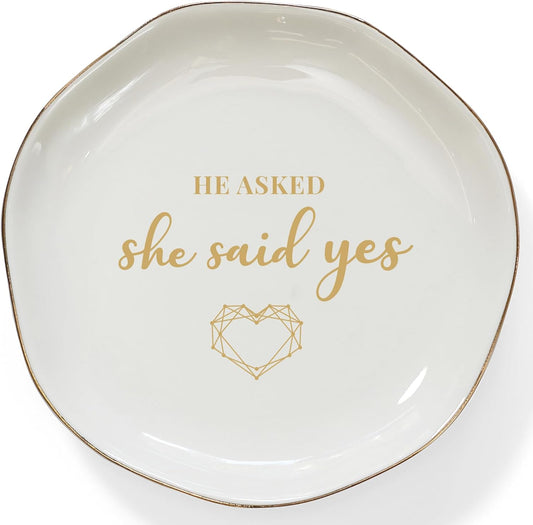 HOME SMILE He Asked and She Said Yes Ring Dish-Wedding Engagement Gifts for Women Bride to Be,Ceramic White