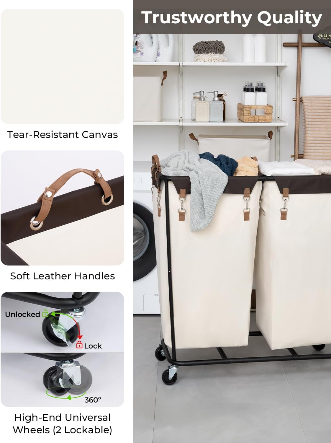 StorageWorks 390L Extra Large Lanudry Hamper with Wheels, Laundry Basket with Wheels 2 Sections, Clothes Sorter Cart with Divider for Hotel, Home, Beige, 1-Pack