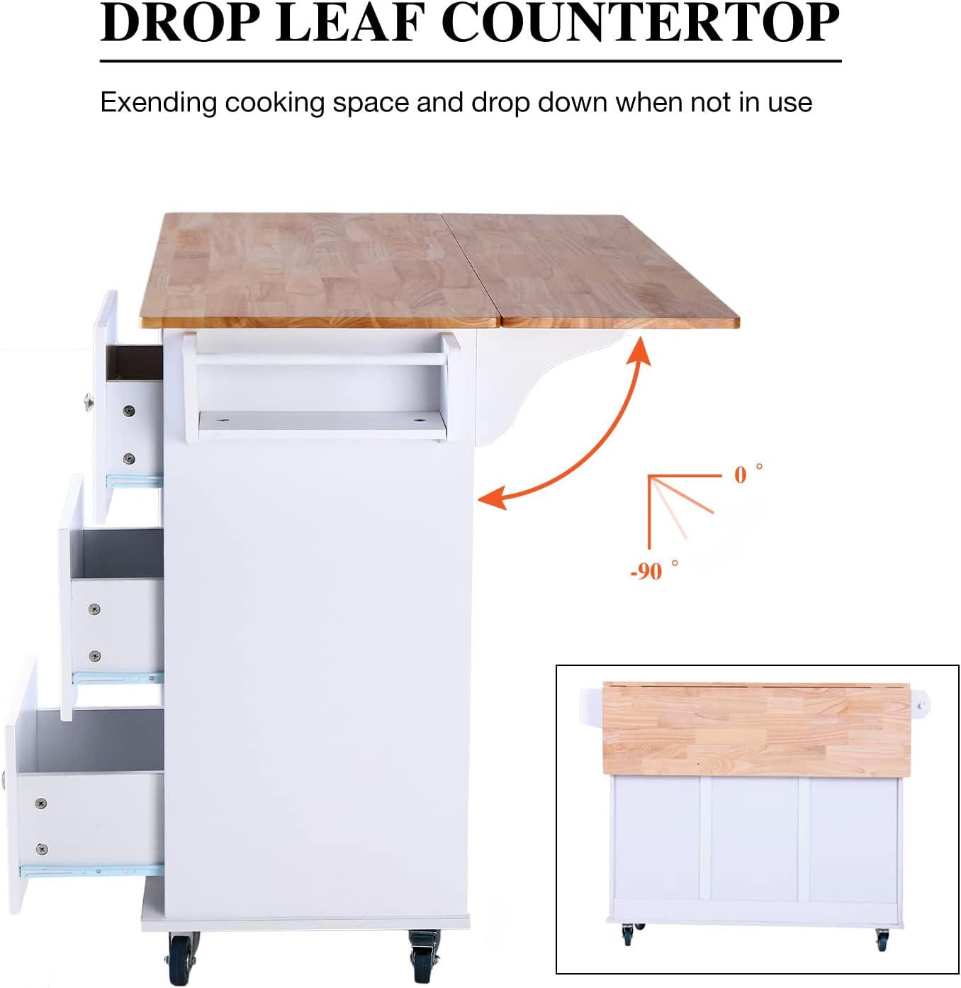 PHI VILLA Kitchen Island on Wheels Portable Kitchen Cart with Drop Leaf, Rolling Kitchen Island with Storage