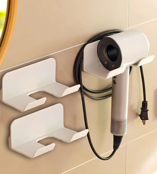 2 Pack Universal Hair Dryer Holder, Self Adhesive Wall Mount Stand for Most Brand/Size Hair Blow Dryer Hair Dryer Organizer Rack with Plug&Wire Hook for Bathroom