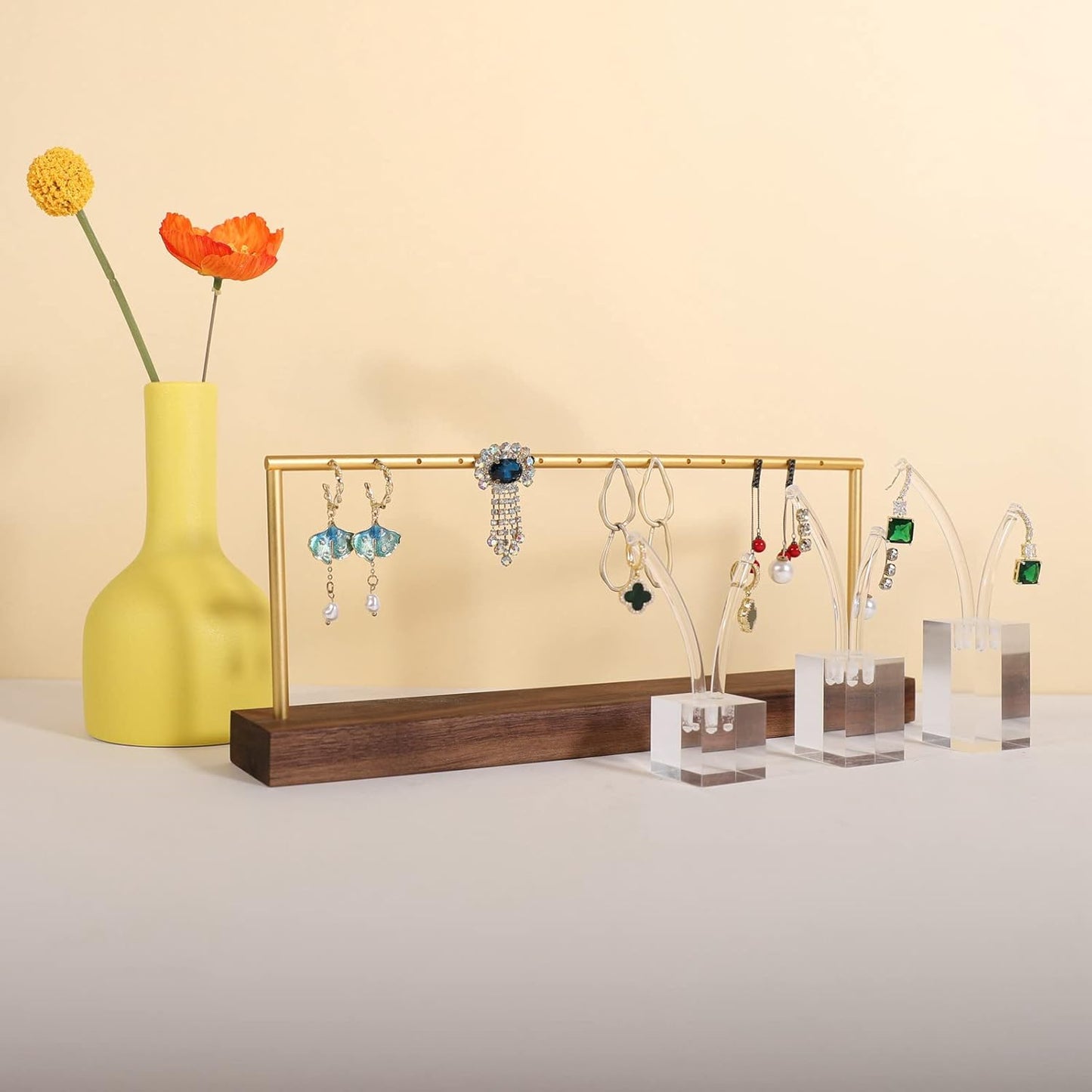 GemeShou wooden earring holder organizer for girls, walnut stud earring display stand for boutique store, jewelry storage organizer shelf【Walnut stand-One Tier】