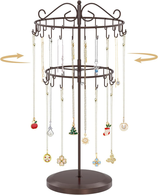 MODOWEY Rotating Necklace Holder Organizer Display Stand with 42 Hooks, 2 Tier Adjustable Metal Tree for Long Necklace Hanger Selling, Tall Spinning Bracelet Storage Rack for Men Women, Espresso Brown