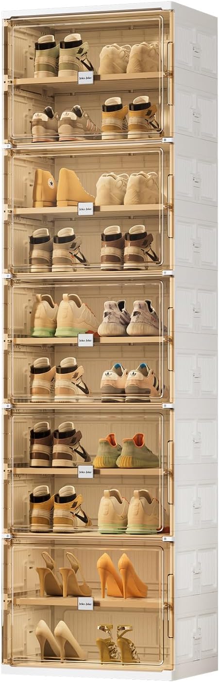 JEKO&JEKO 10 Tiers Foldable Shoe Rack Organizer Cabinet for Closet Entryway, Large Collapsible Shoe Storage Box with Magnetic Doors (White)