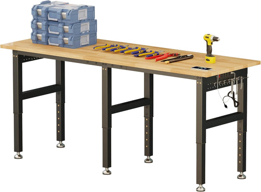 SPECRAFT 72“ Adjustable Heavy Duty Workbench with 4 AC Outlet and 2 USB Ports Power Outlets, 6000 Lbs Capacity, Rubber Wood Top for Garage, Workshop, Office