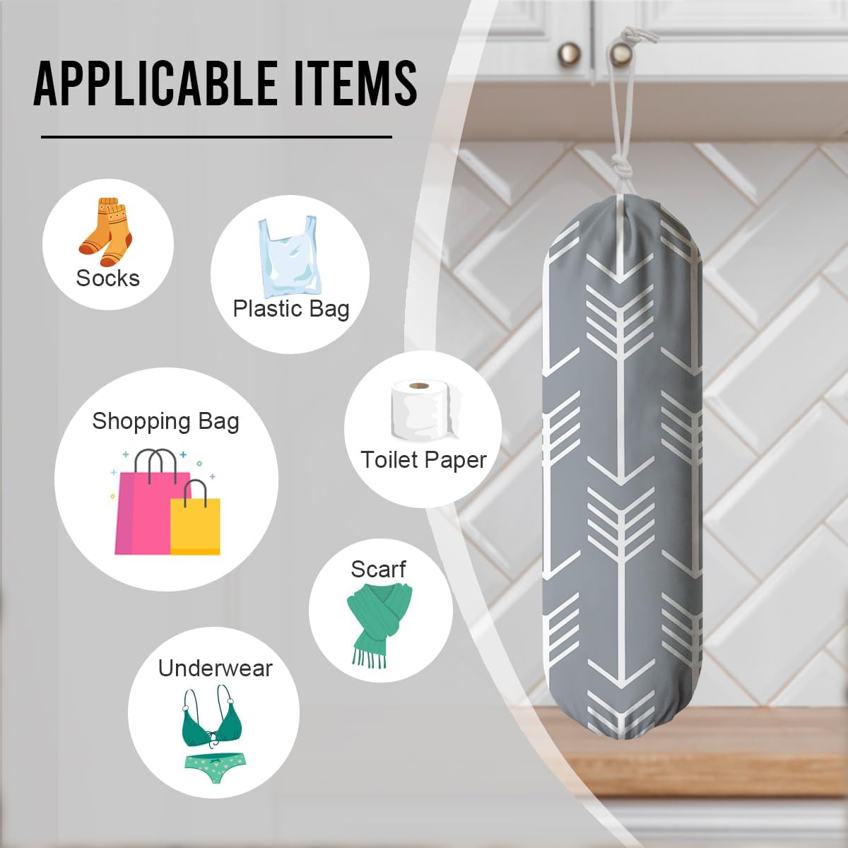 Arrows Plastic Bag Holder, Wall Mount Large Grocery Bags Holder, Washable Shopping Bags Carrierfor Home Kitchen Pantry, Housewarming Gift for Women Friends Family, Kitchen Pattern Garbage Bag 70