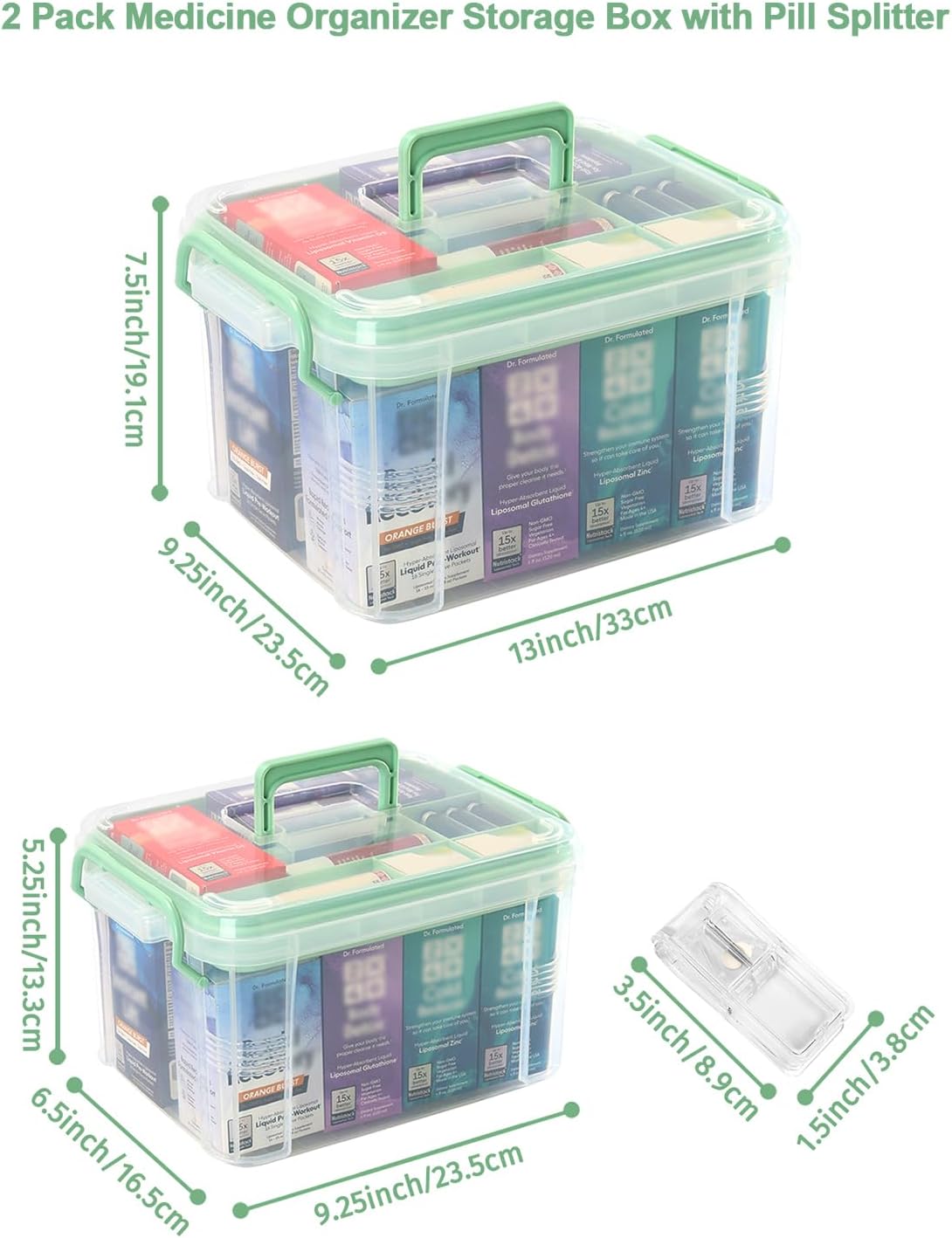 Medicine Organizer Storage Box with Pill Splitter,2 Pack Clear Portable Medicine Cabinet Organizer,Multipurpose Medicine Box with Lids,Trays,Labels,Handle,Empty First Aid Kit for Home,Travel