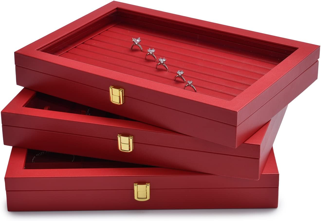 Oirlv Luxury Leather Necklace Tray with 24 Grid Removable Jewelry Cards Jewelry Organizer Box with Transparent Acrylic Lid Necklace Pendant Display Case