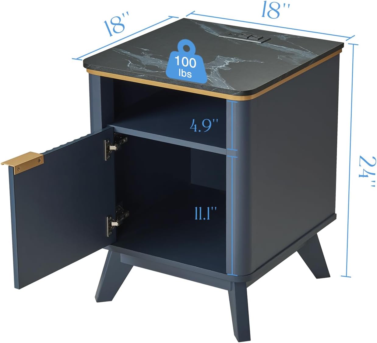 QUW Fluted Nightstands with Charging Station, 18" Modern Side Table, Wooden Bedside Table with Faux Marble Top, Open Storage, Cabinet, End Table for Bedroom, Living Room, Navy Blue