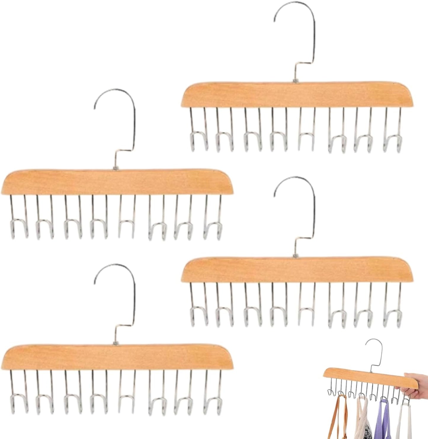 4PCS Belt Hanger for Closet with 8 Hooks Non-Slip Wooden Belt Hook Space-Saving for Ties, Scarves, Bras