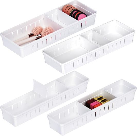 Desk Drawer Organizer Tray 4 PCS Plastic Office Drawer Organizer Bins Junk Organizer Divider with Non-Slip Silicone Pads, Makeup Vanity Organizer for Drawer, White
