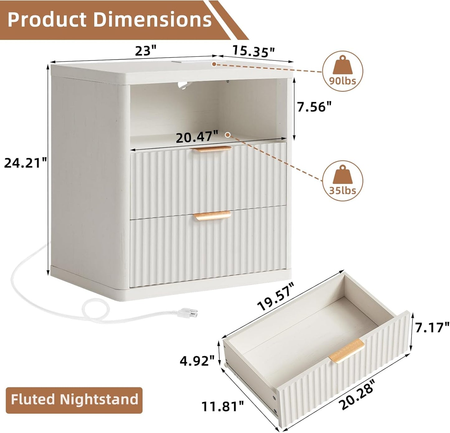 LEYAOYAO Fluted Nightstand with Charging Station, 23" Wide 2 Drawers End Table,White Night Stand with Open Storage Cabinet, Farmhouse Bed Side Tables, Wood Dresser for Bedroom, Living Room, Closet