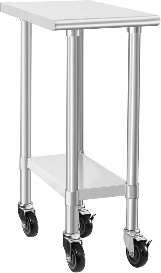 HARDURA Stainless Steel Commercial Table Prep & Work Table with Casters Heavy Duty Metal Table with Wheels NSF 430 24×15 Inches