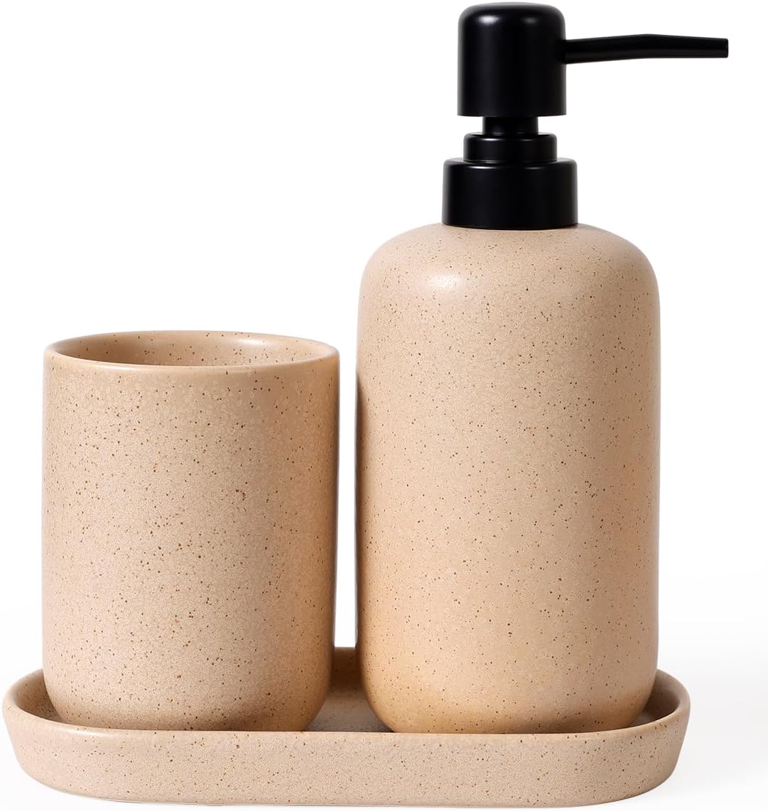 INGOFIN 3 Pcs Ceramic Bathroom Accessory Set - Liquid Soap Dispenser, Toothbrush Holder & Tray, Bathroom Counter Set, Countertop Essentials for Home, Guest Bathroom, or Office Use, Beige