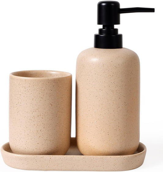 INGOFIN 3 Pcs Ceramic Bathroom Accessory Set - Liquid Soap Dispenser, Toothbrush Holder & Tray, Bathroom Counter Set, Countertop Essentials for Home, Guest Bathroom, or Office Use, Beige