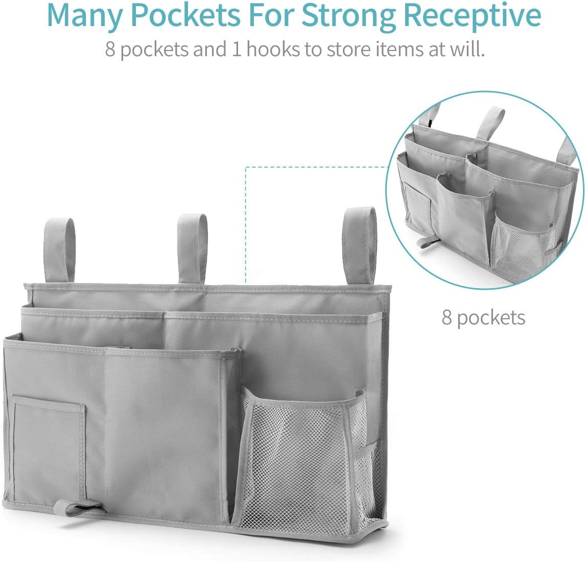 Bseash Bunk Bed Organizer, Bedside Caddy Hanging Bed Organizer Storage Bag 8 Pockets, for College Dorm Rooms Bed, Hospital Bed, Baby Bed Rails, 600D Oxford Cloth (Gray)