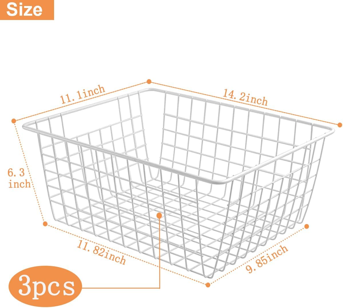 3 Pack Freezer White Wire Baskets for Organizing Office Wire Storage Basket with Built-in Handles, 14" Large White Metal Baskets for Pantry Freezer Kitchen Cabinets