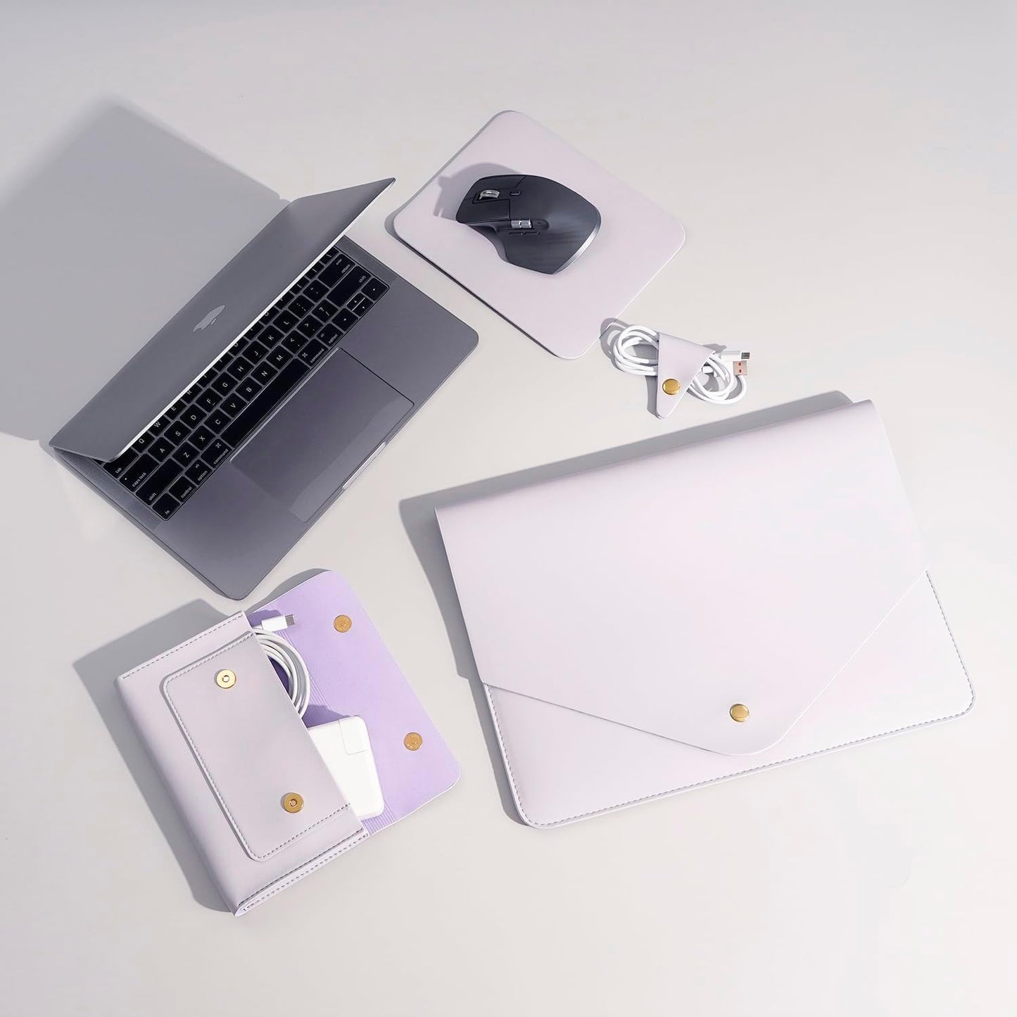 PU Leather Laptop Sleeve 13 Inch Compatible with 2024 13inch MacBook Air M3,13 MacBook Pro M2, Surface Pro 7, Dell XPS 13 with Small Pouch, Mouse Pad and Cord Holder Color Light Purple