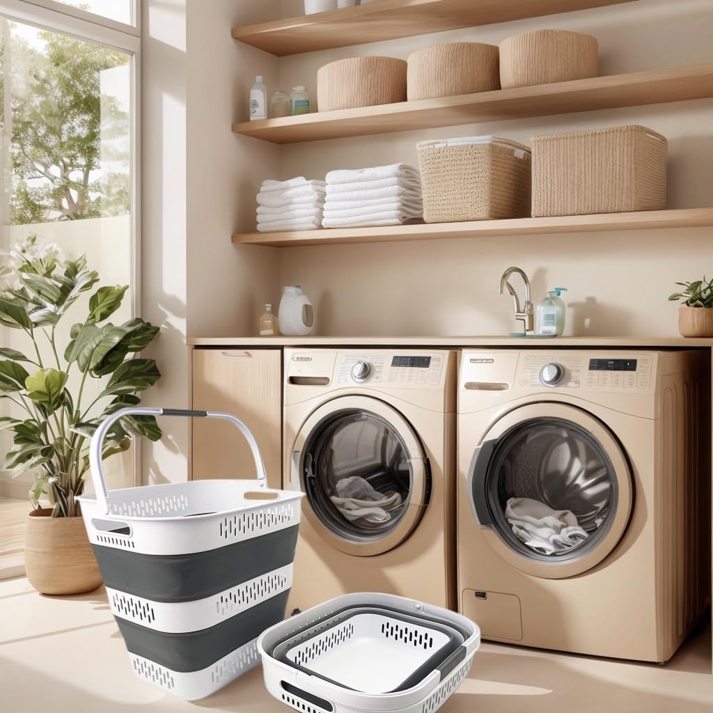 SAMMART 40L (10.5 Gallon) Collapsible Plastic Laundry Basket with Handles - Foldable Pop Up Storage Container/Organizer - Portable Laundry Hamper - Space Saving (2, White/Steel Grey)