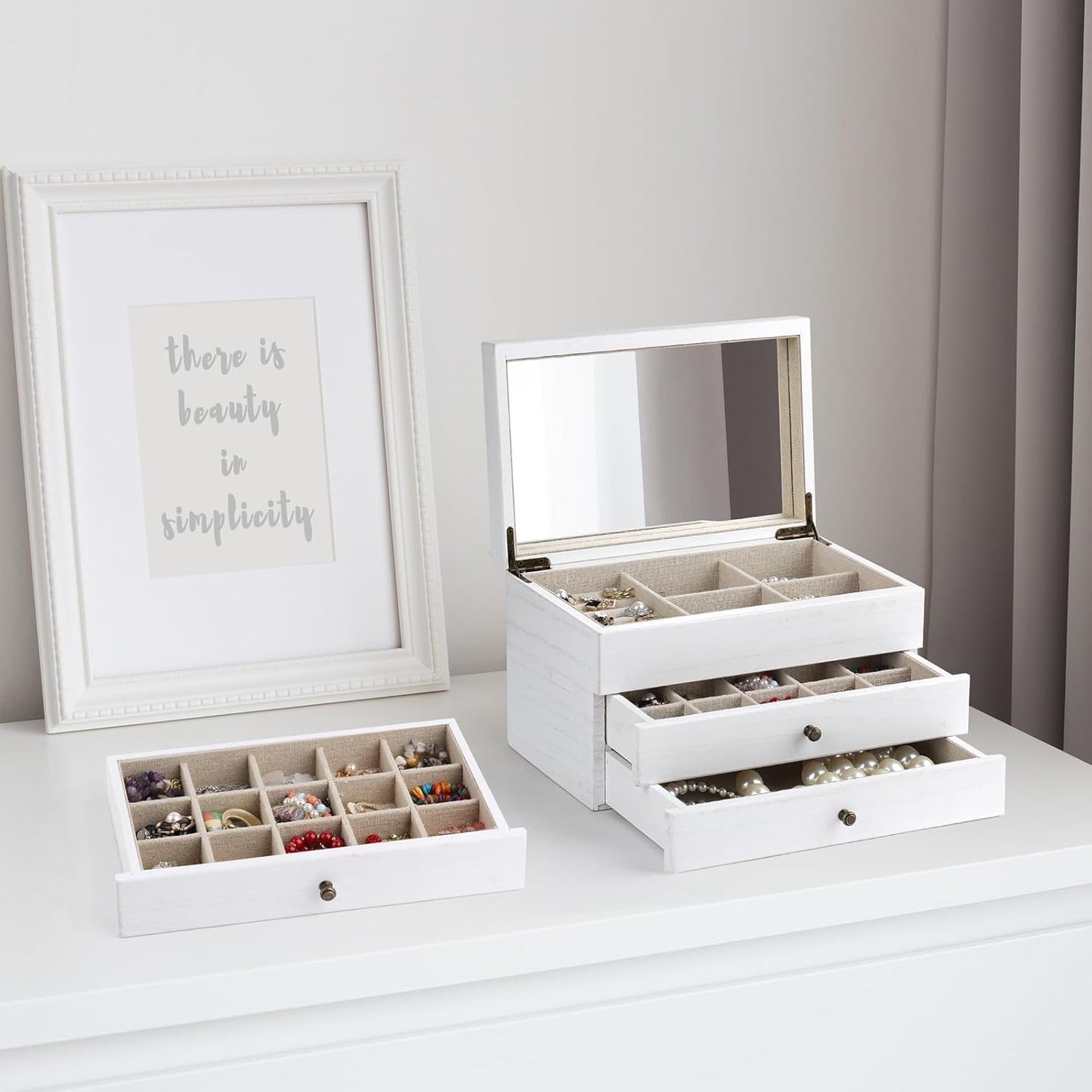 Meangood Jewelry Box Organizer for Women, 3 Layer Large Jewelry Storage Case, Rustic Wooden Jewelry Box with Mirror & Ring Tray for Necklace Earring Bracelets Rings, Vintage Style (White)