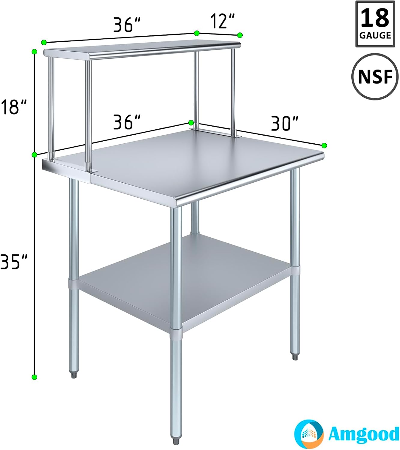 Stainless Steel Work Table with Wide Single Tier Overshelf | Metal Kitchen Prep Table & Shelving Combo (30" x 36" Work Table + 12" Overshelf)
