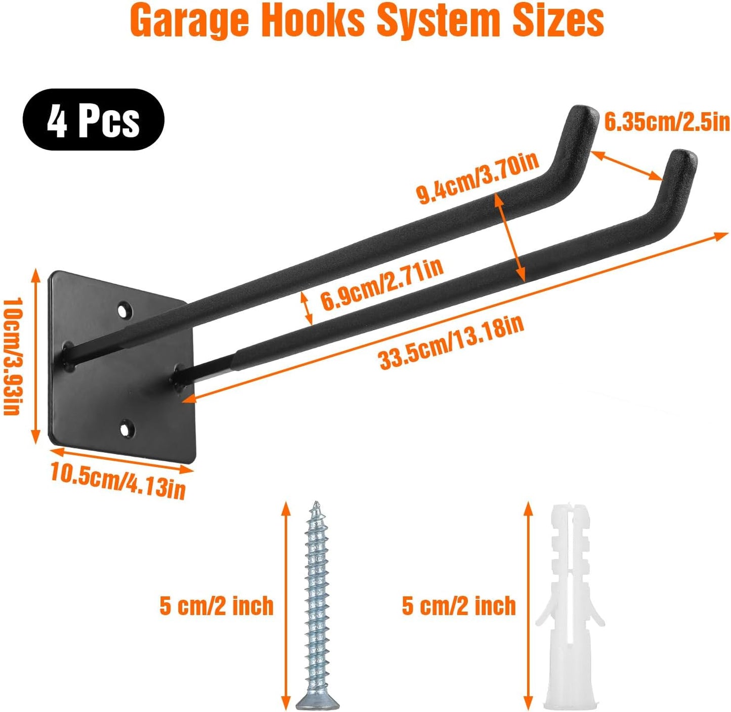 4 Pack Garage Storage System Hooks-14in Heavy Duty Tool Organizer Wall Mount Hangers, Garage Storage Utility Hooks for Car Tires, Chairs, Ladders, Ropes, Garden Tools, Power Tools