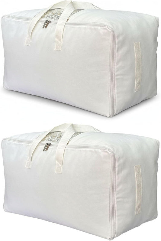 Soft Canvas Clothes Storage Bags with Four Carrying Handles and Clear Window, Closet Organizer for Clothing, Blankets Sheets Pillows and Bedding, 55L, 2 Pack, White