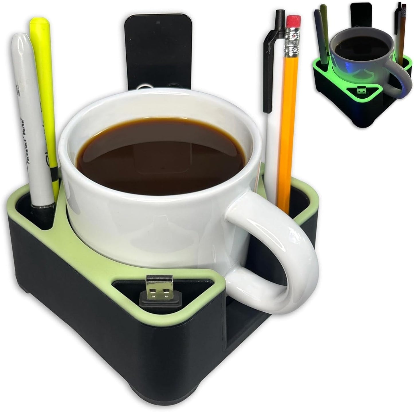 MugBrick Drink Holder for Couch, Bed, Car, Boat - Non-Spill Table and Desk Cup Holder, Tip Proof Spill Prevention Organizer, Black + Yellow Glow