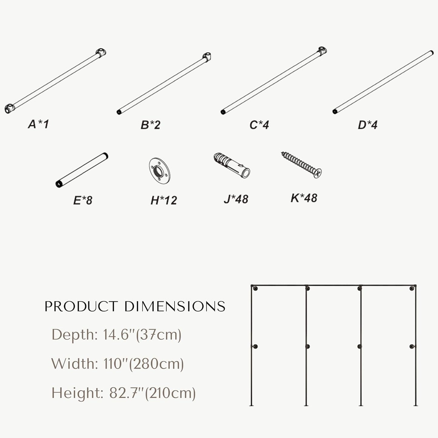 Industrial Pipe Clothing Rack, Heavy Duty Wall Mounted Clothes Rack, Retail Display Hanging Garment Rod for Laundry Rooms, Closet Storage 14.6x110x82.7 Inches, Model K07