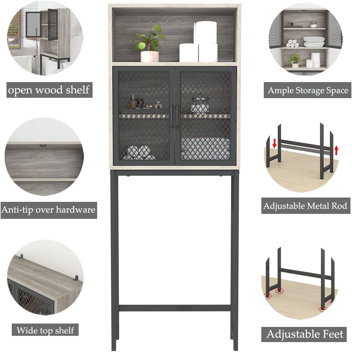 Launica Bathroom Space Saver, Over The Toilet Storage Cabinet, Metal and Wood Industrial Organizer Stand Above Toilet, Freestanding Rack Behind Toilet Wtih Shelf, Light Grey Oak