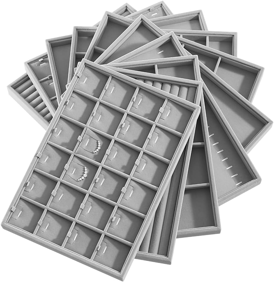 Velvet Stackable Jewelry Display Tray, 24 Grid Earring Ring Storage Tray, Drawer Divider Jewelry Accessories Organizer Plate (Gray)