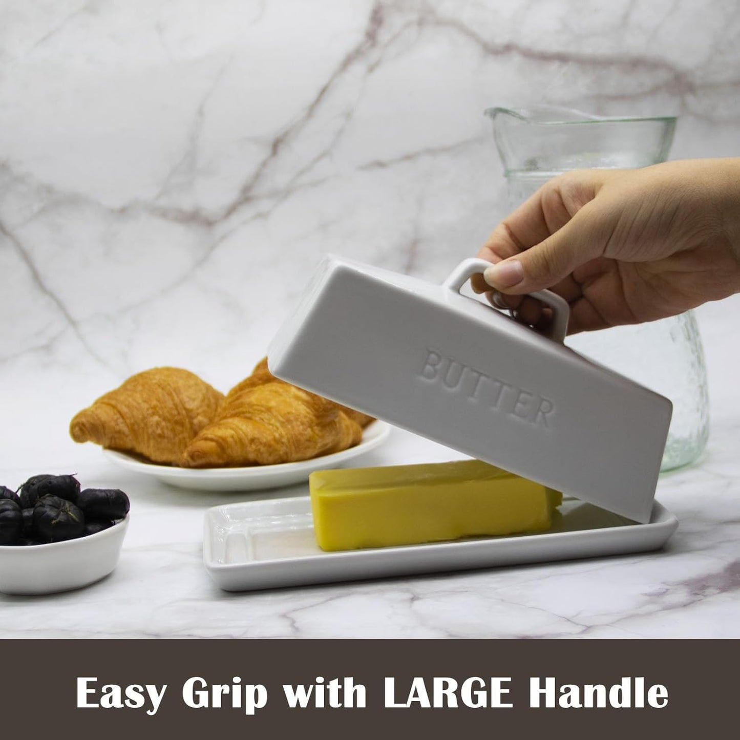 Ceramic Butter Dish With Lid for Countertop, Covered Butter Holder With Lid, White Butter Container, Butter Tray With Handle