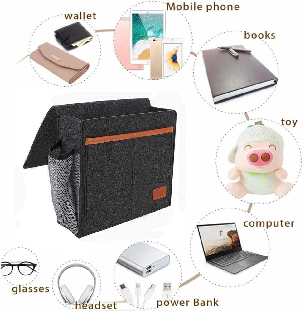 Bedside Caddy,Felt Bedside Storage Organizer, Hanging Storage for Dorm Bed Sofa for tablet Magazine Phone Remotes and Water Bottle Holder (Black)