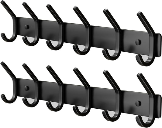 Coat Rack Wall Mount Hooks - 15 Inch Matte Black Metal 6-Hook Organizer Wall Mounted, Modern Kids Room, Entryway & Bathroom Hanger for Beach Towels, Coats, Purses, Bags (2 Pack)