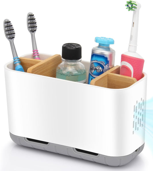 Toothbrush Holders for Bathrooms - Bamboo Divider Toothbrush and Toothpaste Holder with Drainage, Kids Electric Toothbrush Organizer for Bathroom Countertop, White Tooth Brush Holder