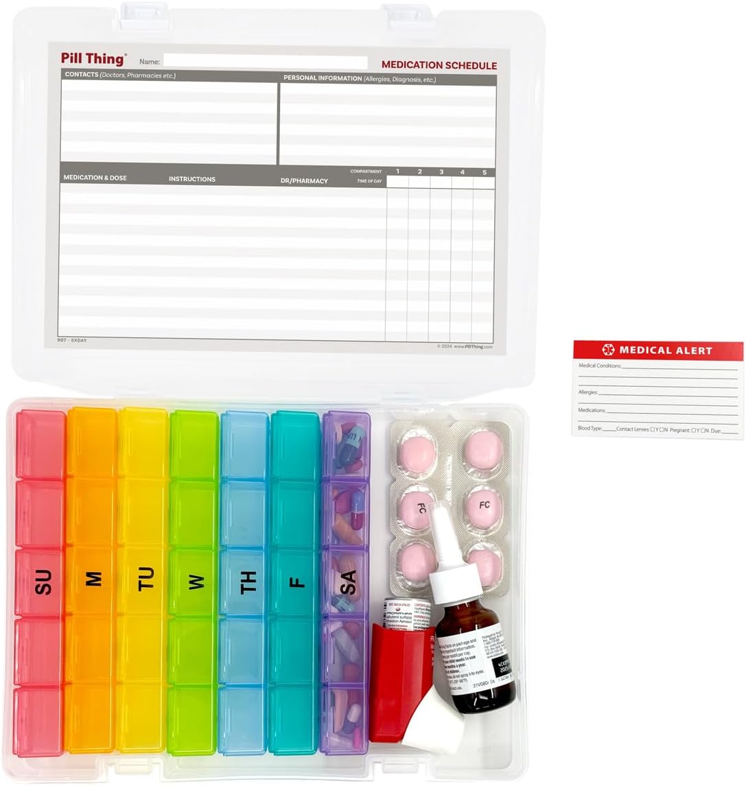 5 Times a Day Weekly Pill Box Organizer Case, Secure 7 Day Pillbox with Medication Schedule (5 Time-a-Day)