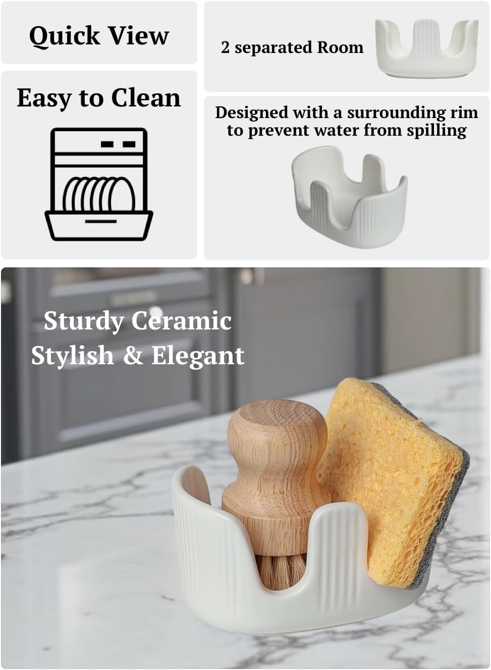Ceramic Sponge Holder, 2-Slot Dish Sponge Holder for Kitchen Sink, Keeps Sponges Dry & Countertop Clean, Rust-Free & Dishwasher Safe, Stylis Design, Modern White