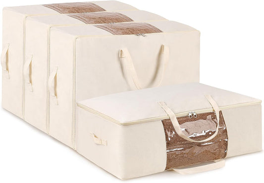 YGEOMER 4 Pack Canvas Clothes Storage Bags with Zipper Foldable Closet Organizers Storage Containers with Reinforced Handle for Dorm Storage Organizing, Bedroom, Closet,Blanket, Clothing, Comforters