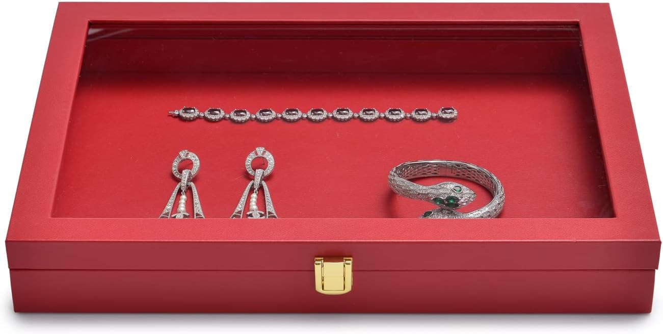 Oirlv Premium Red Leather Jewelry Tray with Acrylic Lid Jewelry Organizer Case Showcase Jewelry Display Organizer Box