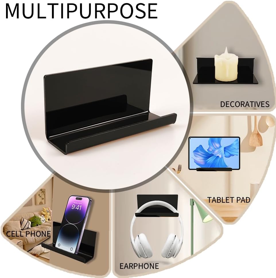 Adhesive Tablet Wall Mounted Phone Holder Acrylic Floating Shelves,eReader Wall Smartphone Holder Stand for Bedroom,Living Room,Dorm,Office Display Shelf (Black)