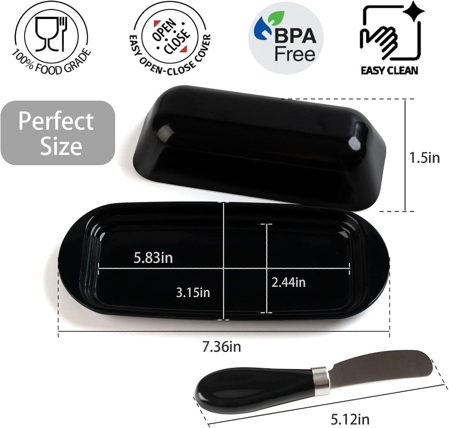 Butter Dish with Lid and Knife, Durable Countertop & Fridge Butter Keeper, BPA-Free Melamine Butter Container, Dishwasher Safe, Fits East/West Coast Butter Sticks (Black)