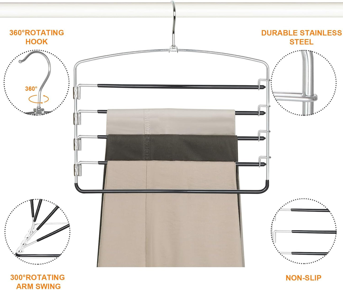 TOPIA HANGER Pant Hangers Space Saving 3 Pack Yoga Pants Leggings Hangers for Closet Non Slip 5 Tier Swing Arm Hanger Organizer for Pants Yoga Pants Leggings Trouser Jeans Slack - CT49B