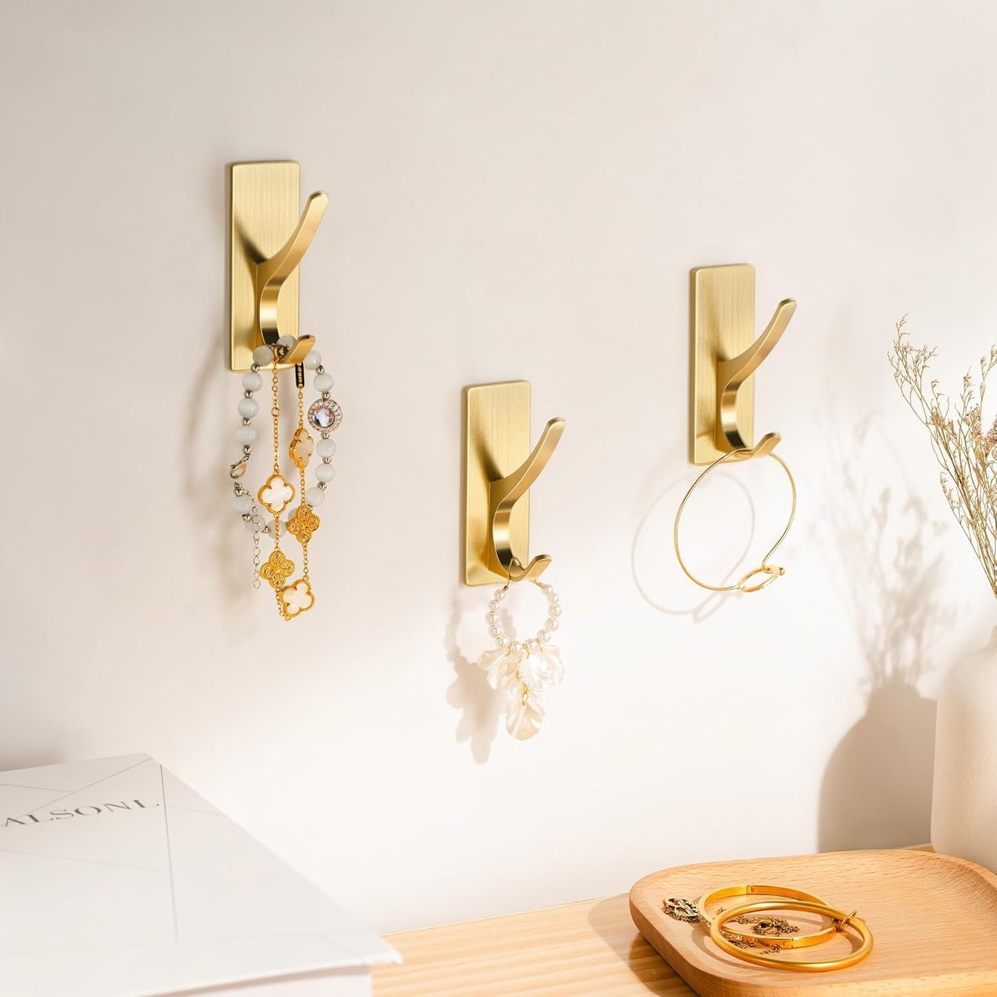 pickpiff 13 LB Self Adhesive Coat Hooks for Hanging: Heavy Duty Stainless Double Wall Hook for Towel, Backpack, Hat, Sturdy Metal Hanger for Bathroom, Bedroom, Door, Wall Mounted, 4-Pack, Brushed Gold
