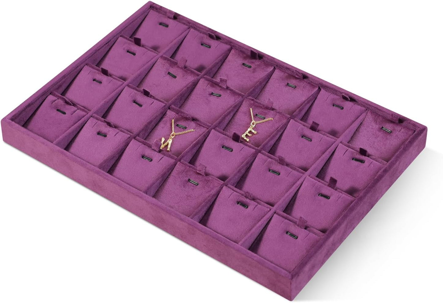 Velvet Necklace Display Tray, Stackable 24 Grid Insert Pendant Necklaces Storage Holder Plate, Jewelry Retail Countertop Organizer (Purple)
