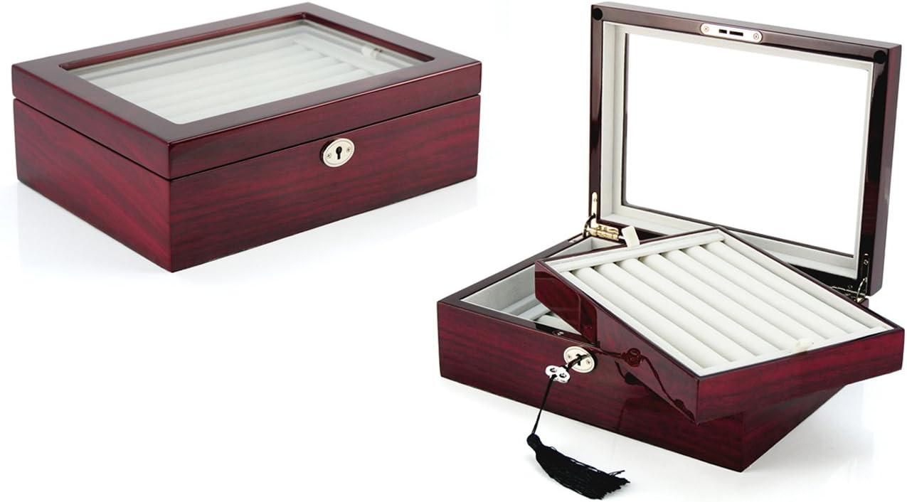Deluxe Jewelry Cufflinks Collector's Storage Presentation Box Case Mahogany Double-Decker Gift