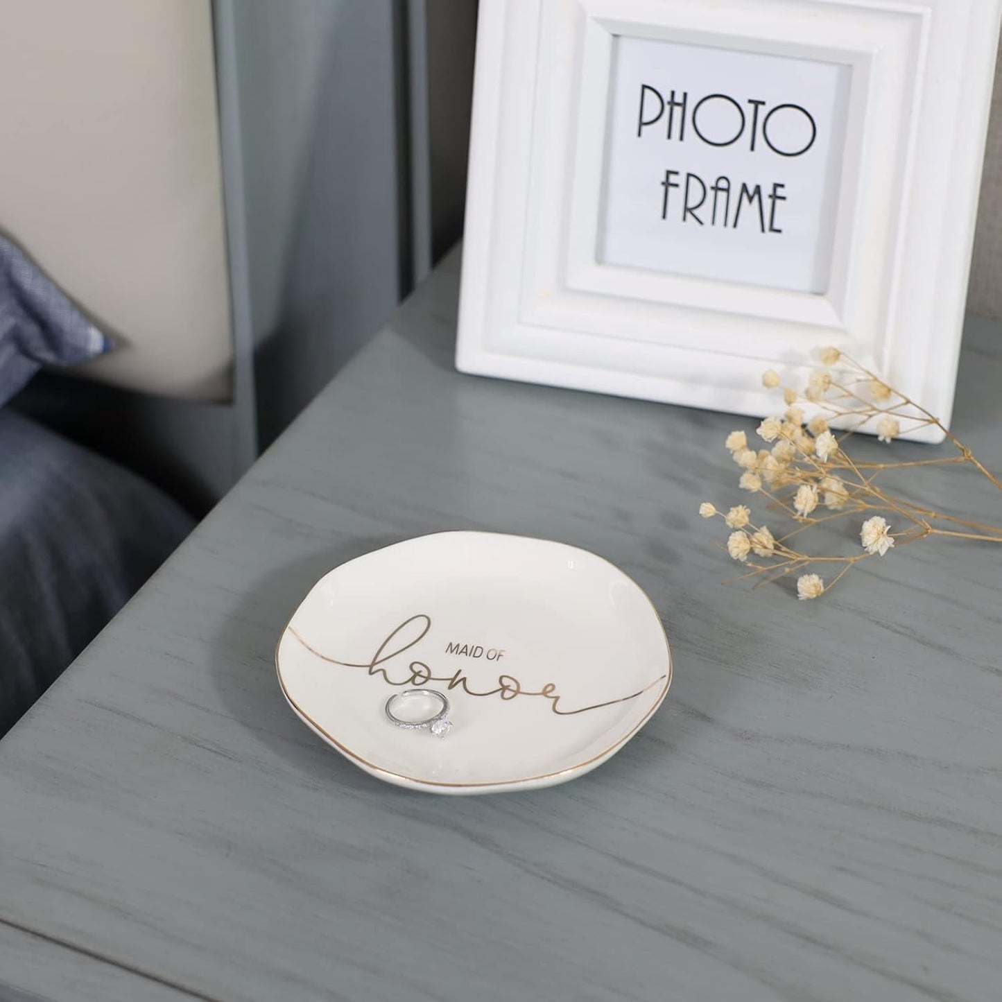 Wedding Ring Dish For Maid of Honor-Jewelry Dish Tray-Gifts for Bridesmaid,Ceramic White