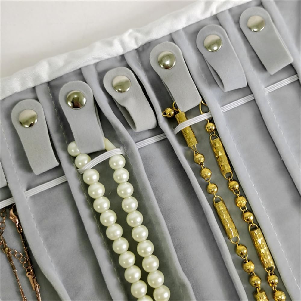 Portable Jewelry Roll Untangled Secure Necklace Travel Storage Bag Displays Holder 16 Chain (Gray PU and Gray Velvet)